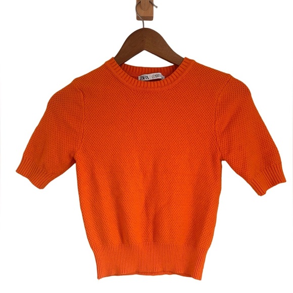Zara Textured Short Sleeve Sweater Tangerine Orange Retro women’s orange top - Picture 5 of 9